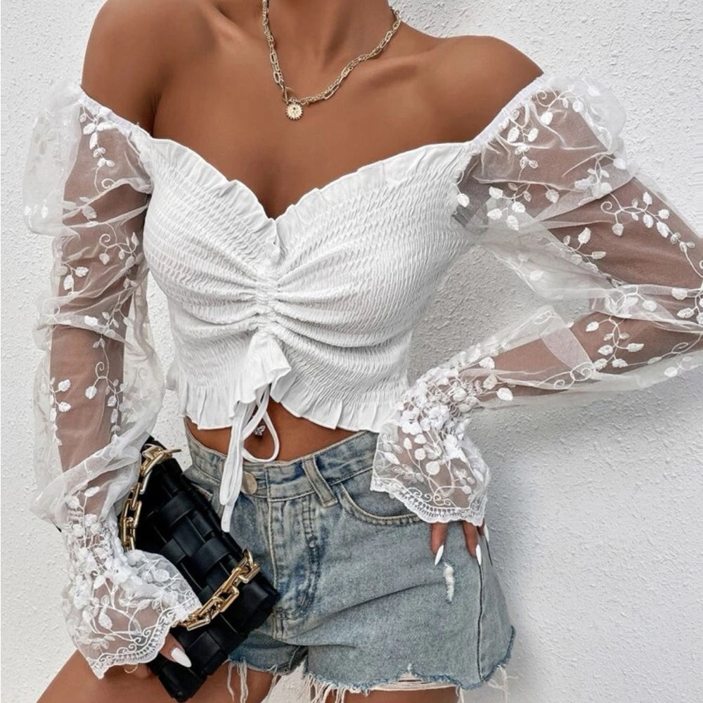 SHEIN Off Shoulder Embroidered Mesh Sleeve Drawstring Shirred Top